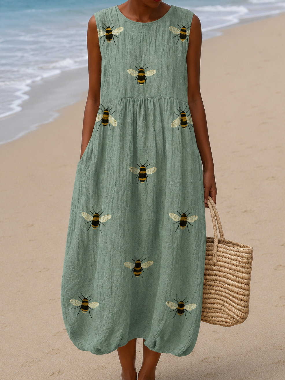 Mackenzie - Women's Loose-Fit Sleeveless Printed Midi Dress for the Beach