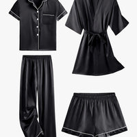 Juliette | 4-Piece Solid Satin Pajama Mid-Sleeve Robe Set - Black