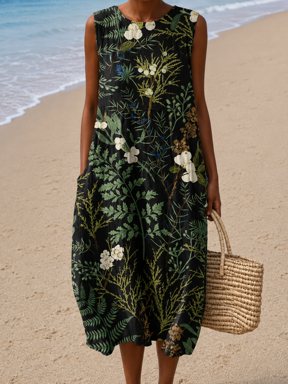 Naomi - Women's Loose-Fit Sleeveless Printed Midi Beach Dress