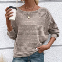 Solid Round-Neck Striped Top with Long Sleeves - Khaki