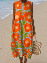 Nora - Women's Loose-Fit Sleeveless Printed Midi Dress for the Beach - S