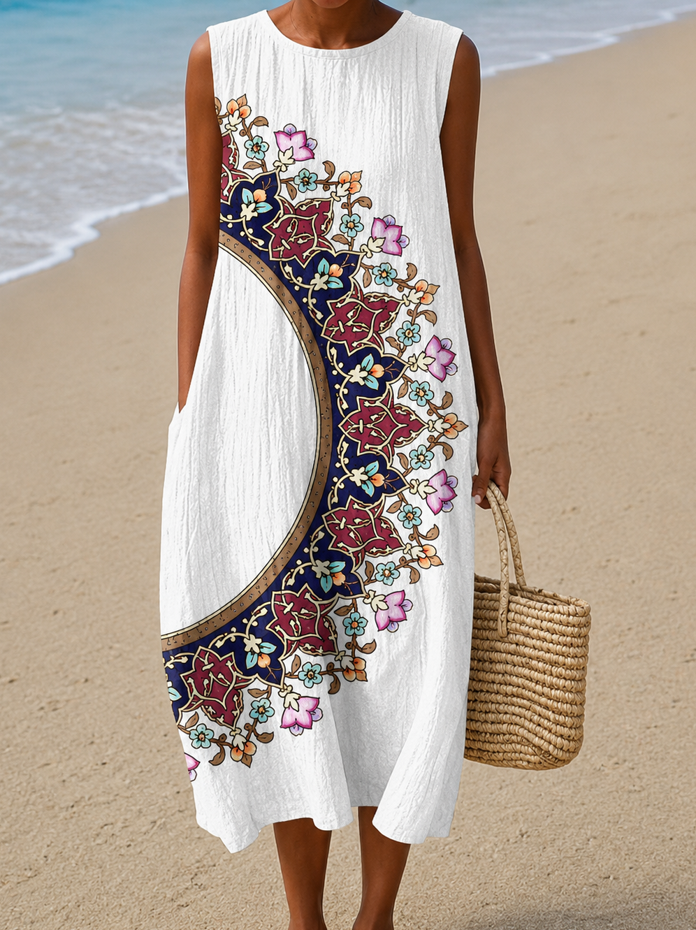 Paige - Women's Loose-Fit Sleeveless Printed Midi Dress for the Beach