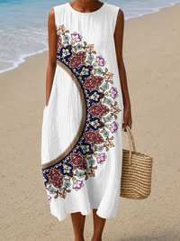 Paige - Women's Loose-Fit Sleeveless Printed Midi Dress for the Beach - S