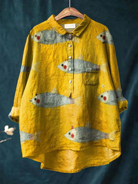 Harper | Women's Vintage Fish Art Print Casual Shirt - Multicolour