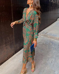 Harper™ | Elegant dress with long sleeves and floral print - Green