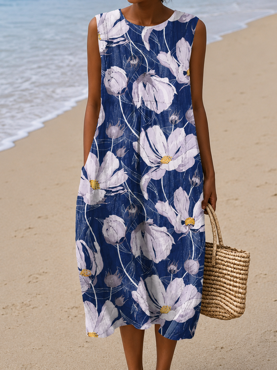 Alice - Women's Loose-Fit Sleeveless Printed Midi Dress for the Beach