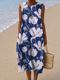 Alice - Women's Loose-Fit Sleeveless Printed Midi Dress for the Beach - S