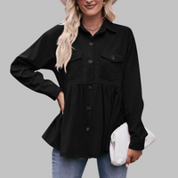 MARISA™ - Vintage Button Front Long Sleeve Collared Top - Black
