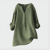 Veronique™ Elegant Cotton-Linen V-Neck Blouse - Green