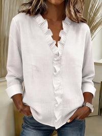 Indie | Blouse with Ruffles, V-Neck and Long Sleeves - White