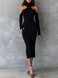 Elegant Cutout Shoulder Black Ribbed Knit Midi Dress - Black