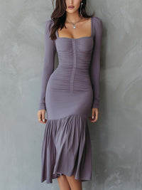 Ruched Square-Neck Velvet Midi Dress - Grayish purple