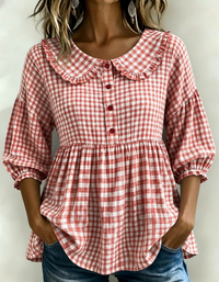 New Arrivals🔥Women's Gingham Puff Sleeve Peplum Blouse - Red
