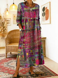 Manuela Printed Dress with Ethnic Patchwork - Pink