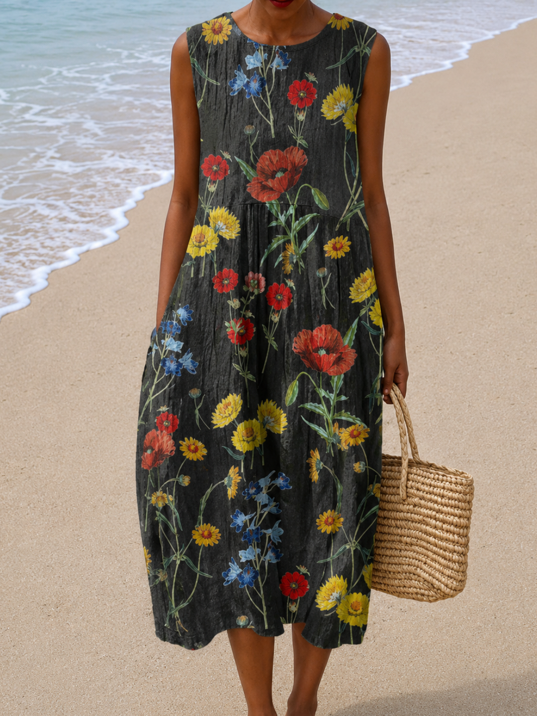 Hazel - Women's Midi Dress with Sleeveless Relaxed Fit