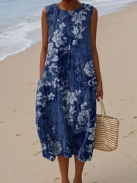 Sadie - Women's Loose-Fit Sleeveless Printed Midi Beach Dress - S