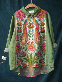 Arabella | Women's Vintage Lovely Floral Birds Art Print Casual Shirt - Multicolour