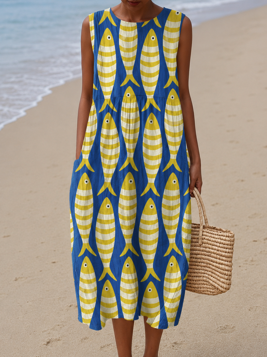Victoria - Women's Midi Dress with Sleeveless Print Design