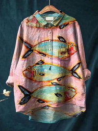 Eliza | Women's Vintage Fish Art Print Casual Shirt - Multicolour