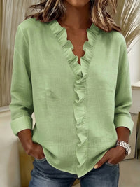 Indie | Blouse with Ruffles, V-Neck and Long Sleeves - Green