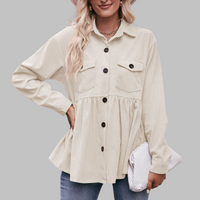 MARISA™ - Vintage Button Front Long Sleeve Collared Top - Beige