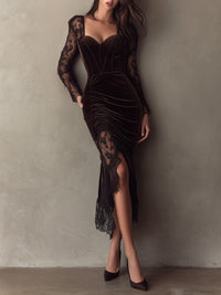 Elegant Chocolate Velvet Sweetheart Neckline Lace Midi Dress - Chocolate
