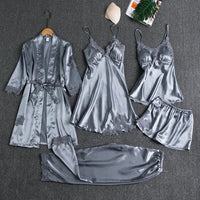 Rebecca | 5-Piece Silk Lace Nightwear Set - Grey