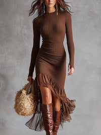 Ribbed Knit Midi Dress With Sheer Ruffled Hem - cocoa brown