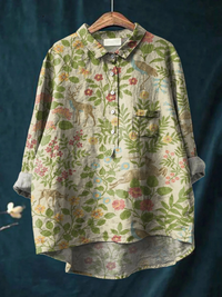 Georgia | Women's Vintage Floral Animals Art Print Casual Shirt - Beige