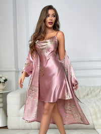 Rosalynn | 2-Piece Floral Satin Camisole &amp; Robe Set - Pink