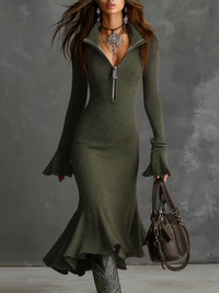 Retro Zipper Neck Trumpet Sleeve Knitted Midi Dress - Green