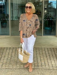 Joanne | Printed Button Tunic Top - Khaki
