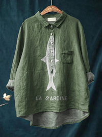 Sophie | Sardine Fish Graphic Printed Women's Casual Shirt - Green