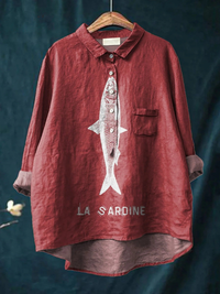 Sophie | Sardine Fish Graphic Printed Women's Casual Shirt - Red