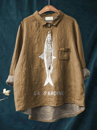 Sophie | Sardine Fish Graphic Printed Women's Casual Shirt - Yellow