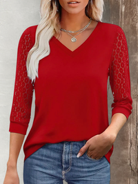 ELARA | Lace Sleeve V-Neck Top - Red