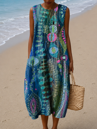 Anna - Women's Loose-Fit Sleeveless Printed Midi Dress for the Beach - S