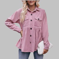 MARISA™ - Vintage Button Front Long Sleeve Collared Top - Pink
