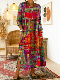 Manuela Printed Dress with Ethnic Patchwork - Red