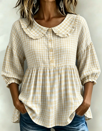 New Arrivals🔥Women's Gingham Puff Sleeve Peplum Blouse - Beige