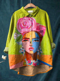 Amber | Oil Painting Freda Portrait Art Printed Women's Casual Shirt - Green