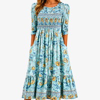 Golden Bloom Smocked Garden Midi Dress - S
