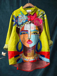 Amber | Oil Painting Freda Portrait Art Printed Women's Casual Shirt - Yellow