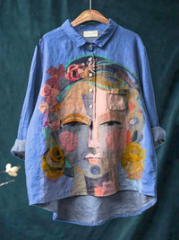 Amber | Oil Painting Freda Portrait Art Printed Women's Casual Shirt - Blue