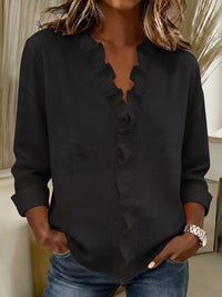 Indie | Blouse with Ruffles, V-Neck and Long Sleeves - Black