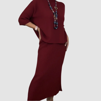 Delyssa™ Elegant 2-Piece Set | Relaxed Top and Ribbed Midi Skirt - Burgundy