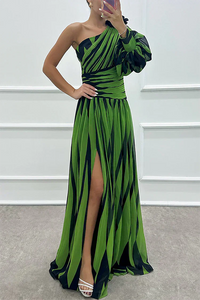 Hazel™ | Elegant Striped Maxi Dress with One Shoulder - Green