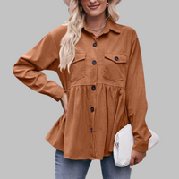 MARISA™ - Vintage Button Front Long Sleeve Collared Top - Brown