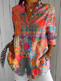 Anica - Vibrant Artistic Button-Up Blouse - Orange
