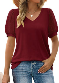RHINA™ - Sheer Sleeve V-Neck Top - Burgundy Red